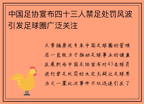 中国足协宣布四十三人禁足处罚风波引发足球圈广泛关注 中国足协宣布四十三人禁足处罚风波引发足球圈广泛关注