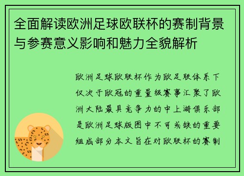 全面解读欧洲足球欧联杯的赛制背景与参赛意义影响和魅力全貌解析 全面解读欧洲足球欧联杯的赛制背景与参赛意义影响和魅力全貌解析
