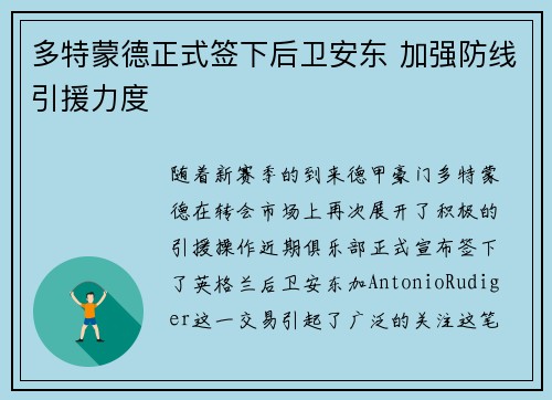多特蒙德正式签下后卫安东 加强防线引援力度